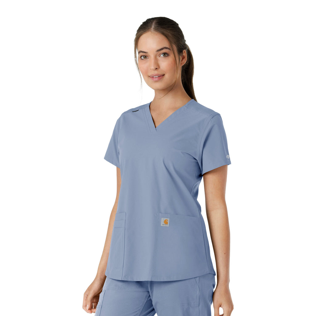 Force Essentials C12313 V-Neck Knit Panel Scrub Top Ceil Blue