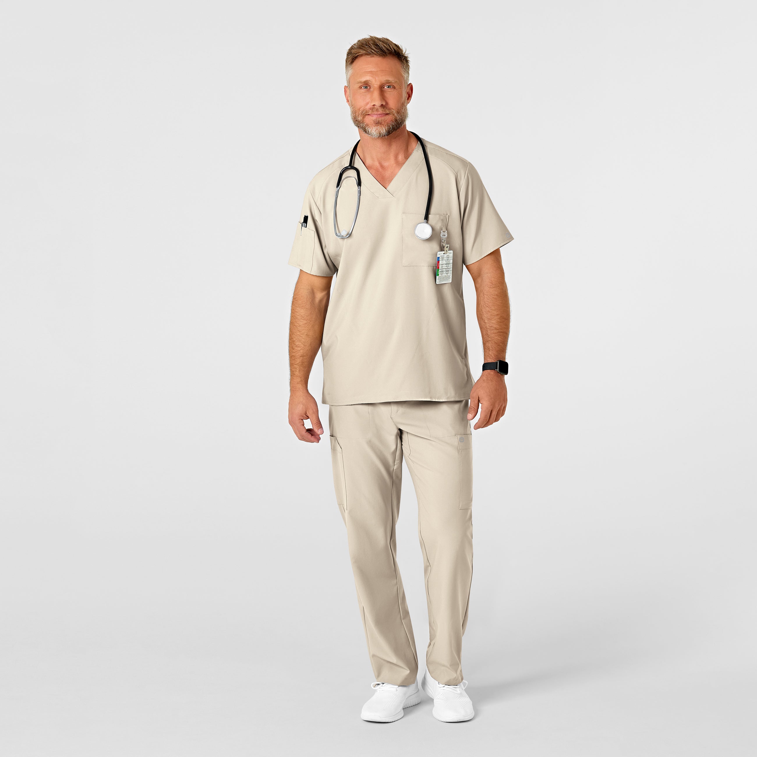 W123 5355 Men's Flat Front Cargo Scrub Pants Khaki